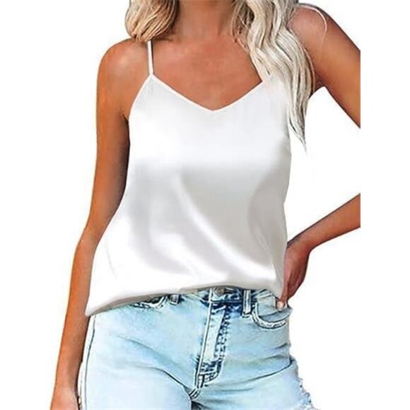 Satin Cami Top | V-Neck Adjustable Strap Tank | Silky Summer Blouse - Picture 1 of 5